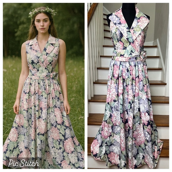Vintage Alfred Angelo Floral Halter Maxi Dress 11/12 Cotton Garden Party 80s - Picture 2 of 12
